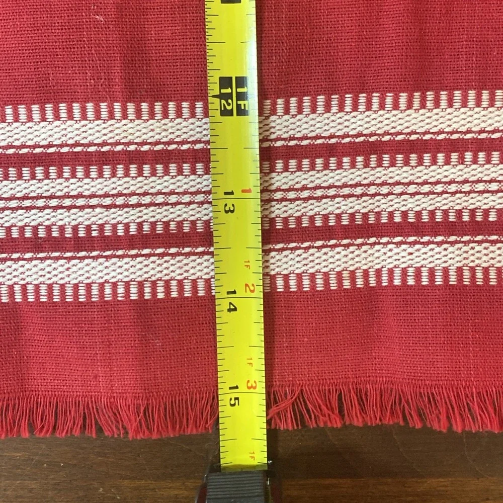 Vintage Woven Red Table Runner‎ White Stripes Peacocks Birds Fringe